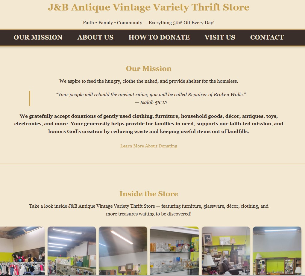J&B Antique Vintage Variety Thrift Store website screenshot