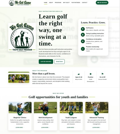 We Got Game youth golf program website screenshot